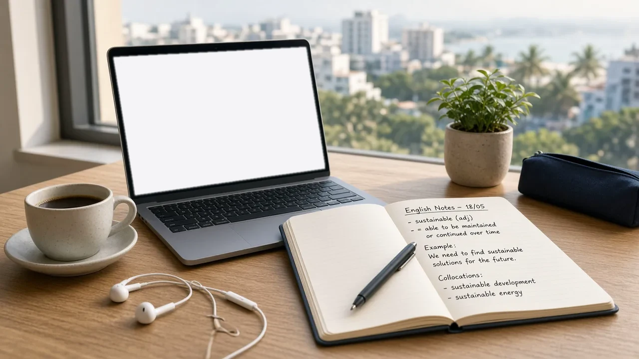 Study desk in Da Nang: laptop, notebook, and coffee by a bright window
